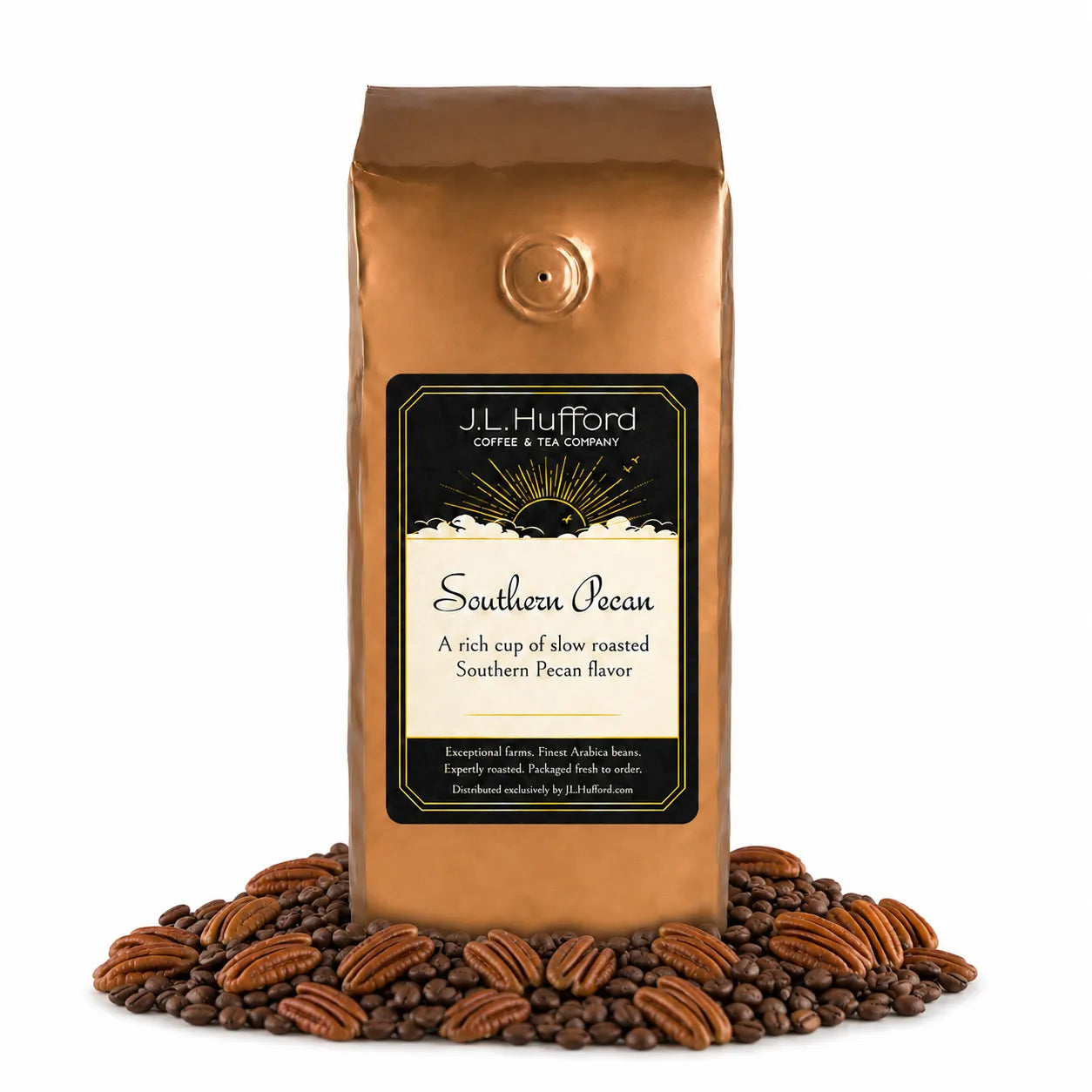 1 lb J.L. Hufford Southern Pecan coffee bag with coffee beans and pecans on a white background