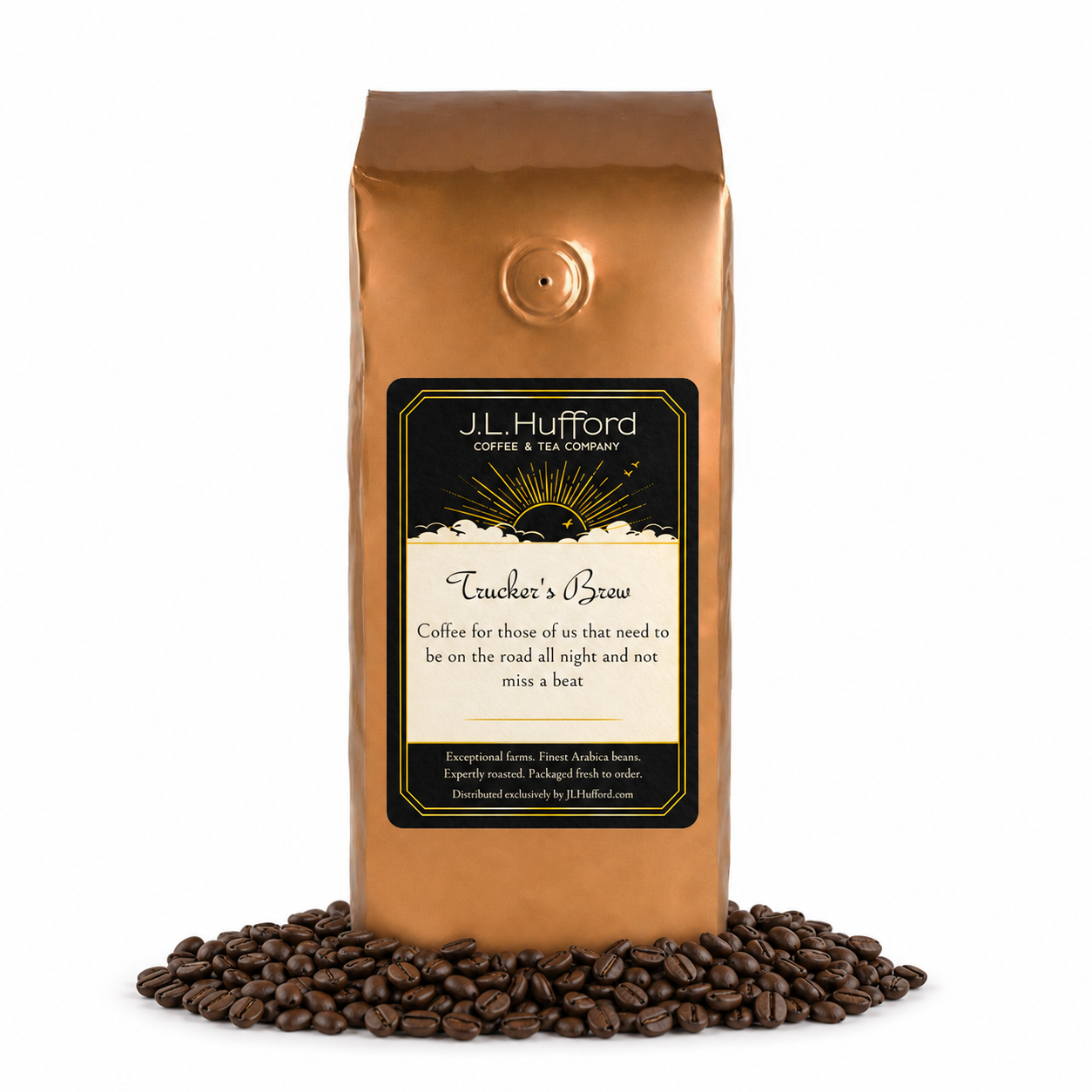 1 lb J.L. Hufford Trucker's Brew coffee bag with coffee beans on a white background