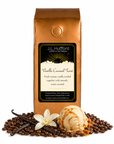 1 lb J.L. Hufford Vanilla Caramel Twist coffee bag with coffee beans, vanilla sticks, and vanilla caramel twist ice cream on a white background