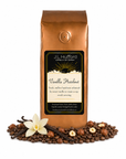 1 lb J.L. Hufford Vanilla Hazelnut coffee bag with coffee beans, vanilla sticks, and hazelnuts on a white background