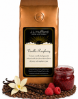 1 lb J.L. Hufford Vanilla Raspberry coffee bag with coffee beans, vanilla sticks, raspberries, and raspberry jam on a white background