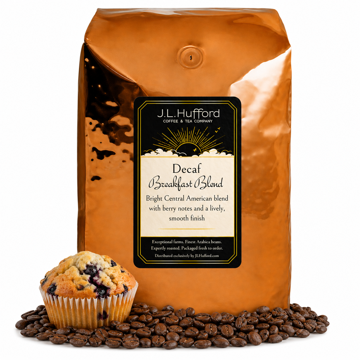 5 lb Decaf Breakfast Blend Coffee bag labeled 'J.L. Hufford' with a muffin and coffee beans on a white background