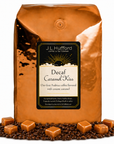 5 lb Coffee bag labeled 'Decaf Caramel Kiss' by J.L. Hufford with caramel candies and coffee beans on a white background