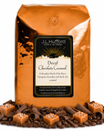 5 lb Decaf Chocolate Carmel coffee beans bag with carmel squares, chocolate flakes, and coffee beans in front displayed on a white background