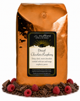 5 lb Decaf Chocolate Raspberry coffee beans bag with chocolate, raspberries, and coffee beans in front displayed on a white background