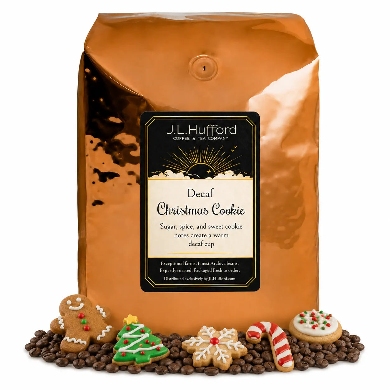 5 lb Decaf Christmas Cookie coffee beans bag with coffee beans and Christmas cookies in front displayed on a white background