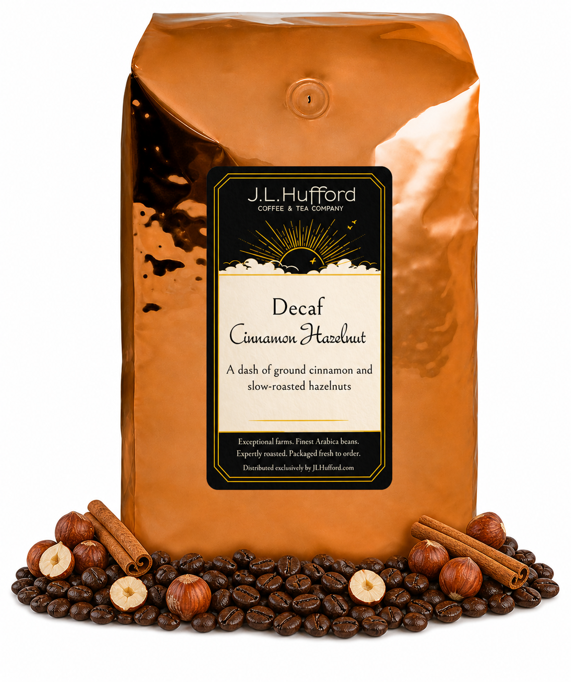 5 lb Decaf Cinnamon Hazelnut coffee beans bag with coffee beans, cinnamon sticks, and hazelnuts in front displayed on a white background