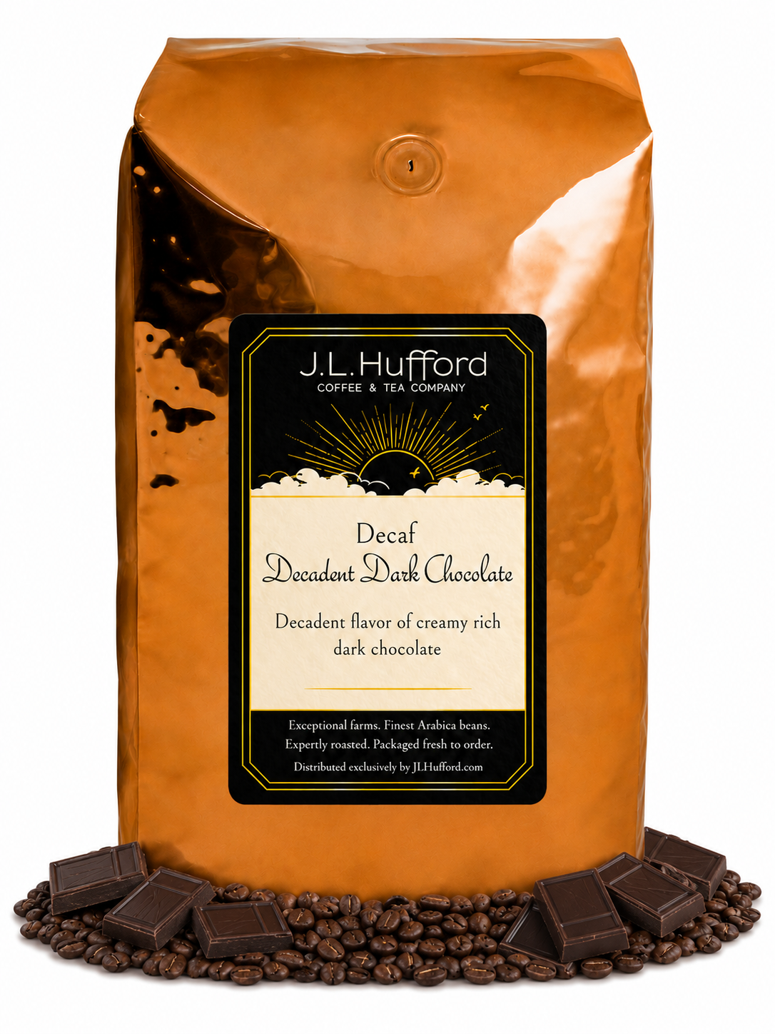 5 lb Decaf Decadent Dark Chocolate coffee beans bag with coffee beans and blocks of dark chocolate in front displayed on a white background