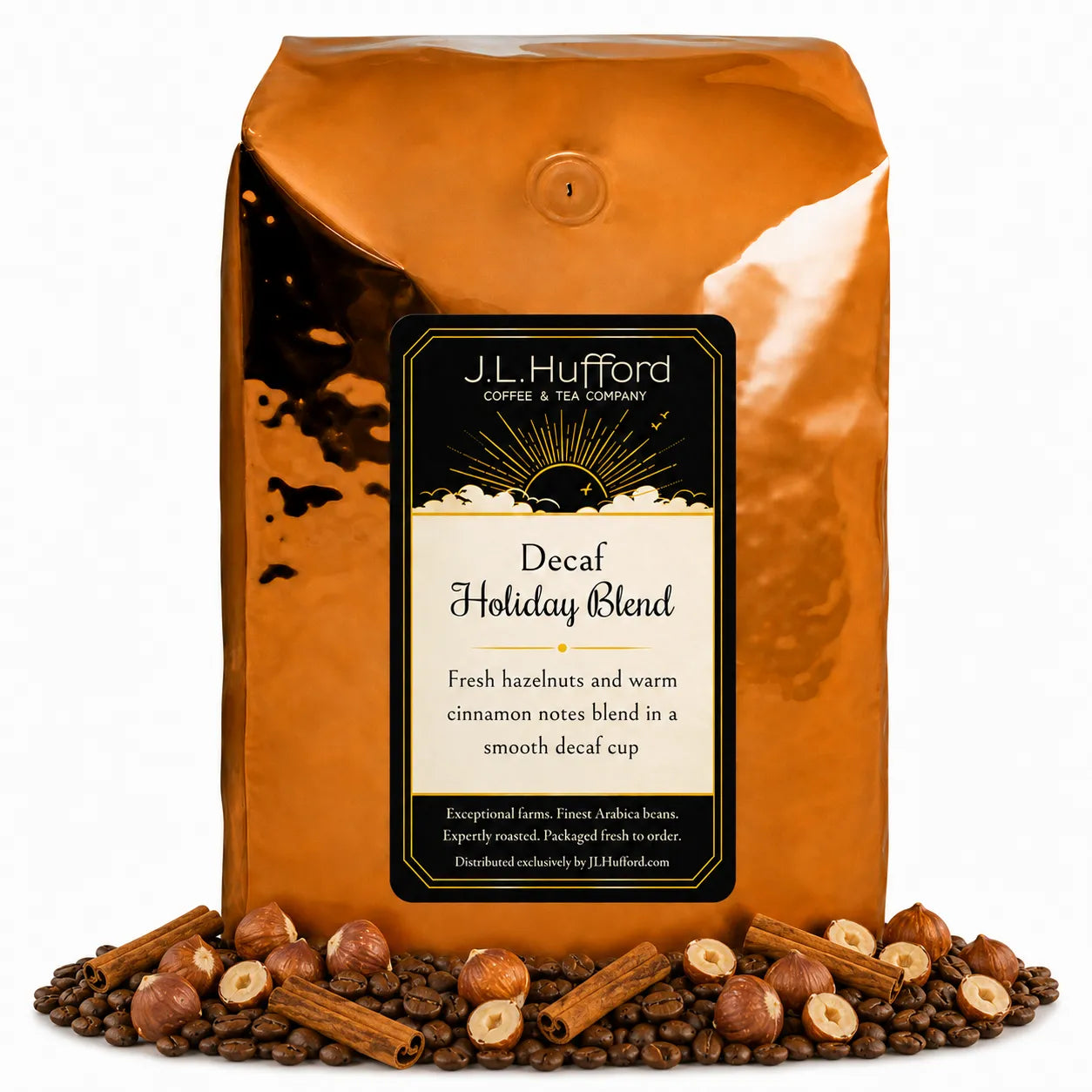 5 lb Decaf Holiday Blend coffee beans bag with coffee beans, hazelnuts, and cinnamon sticks in front displayed on a white background