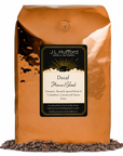 5 lb J.L. Hufford Decaf House Blend coffee bag with coffee beans on a white background