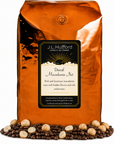 5 lb J.L. Hufford Decaf Macadamia Nut Coffee with coffee beans and macadamia nut in front displayed on a white background