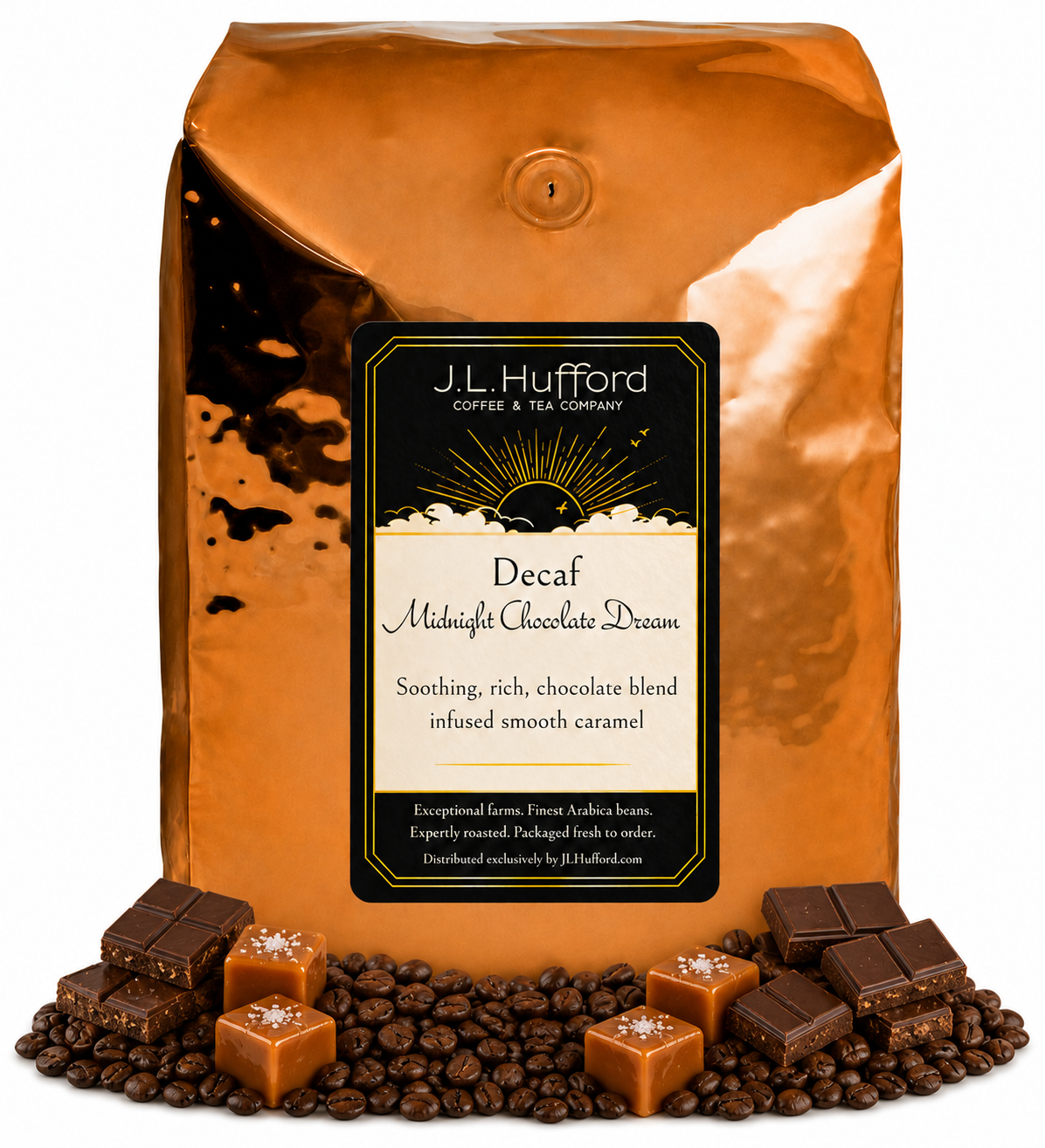 5 lb J.L. Hufford Decaf Midnight Chocolate Dream coffee bag with coffee beans, chocolate, and blocks of caramel on a white background