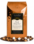 5 lb J.L. Hufford Decaf Rocky Road coffee bag with coffee beans, marshmallows, and peanuts covered in melted chocolate on a white background