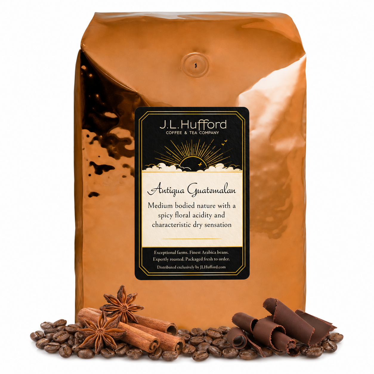 5 lb J.L. Hufford Antigua Guatemalan coffee bag with coffee beans, chocolate shavings and cinnamon sticks in front of the coffee bag