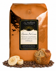 5 lb J.L. Hufford Banana Nut Cream Coffee bag with bananas, coffee beans, and muffin in front displayed on a white background