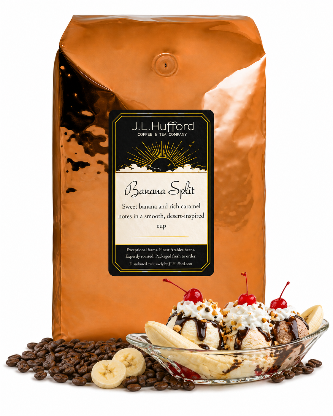 5 lb Coffee bag labeled 'Banana Split' by J.L. Hufford next to a banana split dessert and coffee beans displayed on a white background