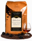 5 lb Blackberry Brandy coffee beans bag with coffee beans, blackberries and glass of brandy in front displayed on a white background