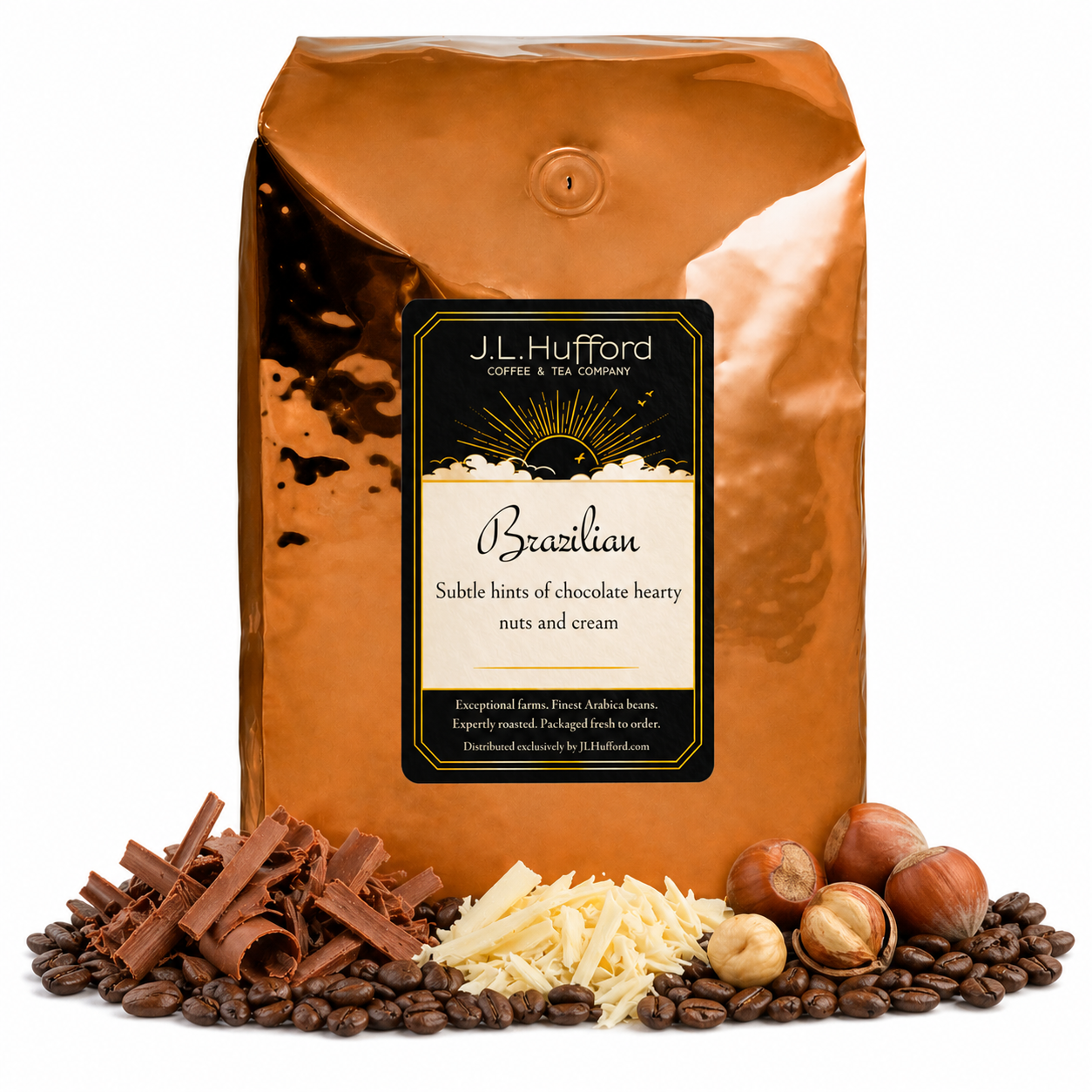 5 lb Brazilian Coffee bag with 'J.L. Hufford' branding and hazelnut, chocolate, vanilla chocolate, and coffee beans on a white background