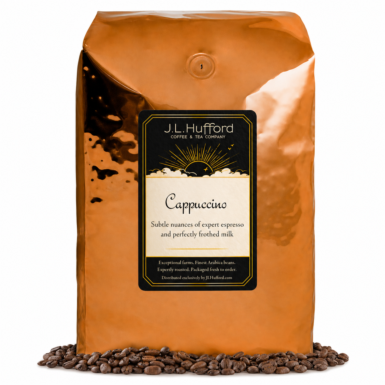 5 lb J.L. Hufford Cappuccino Coffee with coffee beans in front displayed on a white background