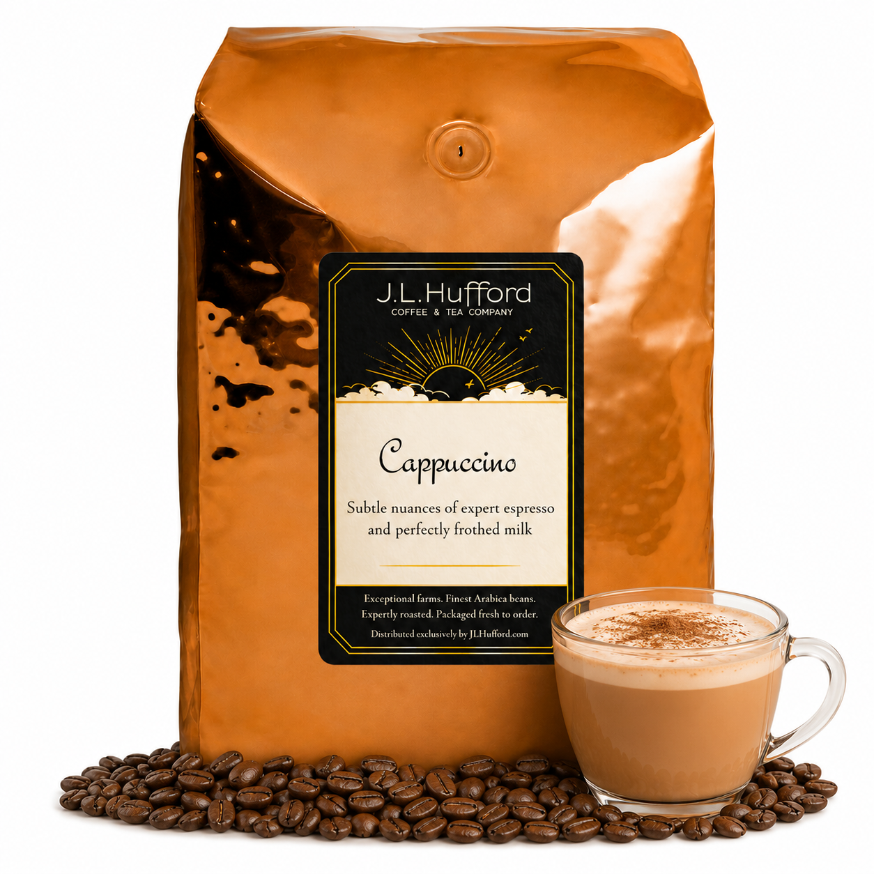 5 lb J.L. Hufford Cappuccino Coffee with coffee beans and a cappuccino in front displayed on a white background