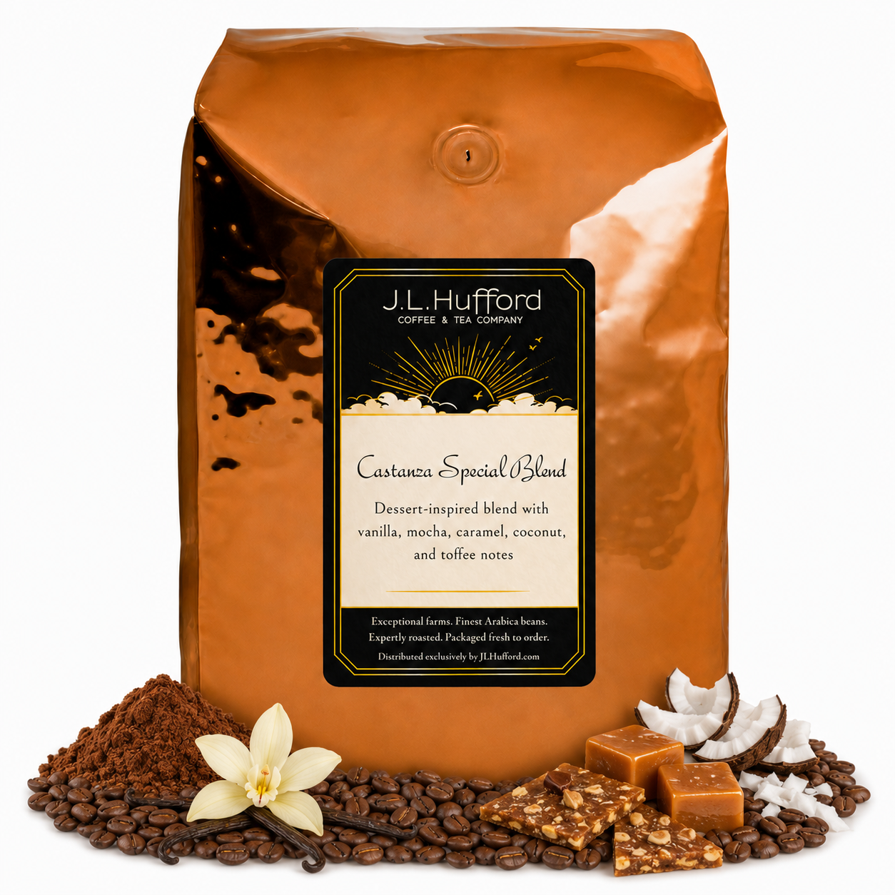 5 lb J.L. Hufford Castanza Special Blend coffee bag with coffee beans, powder mocha, vanilla sticks, shaved coconut, toffee bark, and blocks of caramel on a white background