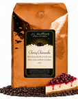 5 lb Cherry Cheesecake coffee beans bag with coffee beans and a slice of cherry cheesecake in front displayed on a white background