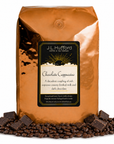 5 lb J.L. Hufford Chocolate Cappuccino Coffee with coffee beans and chocolate chunks in front displayed on a white background