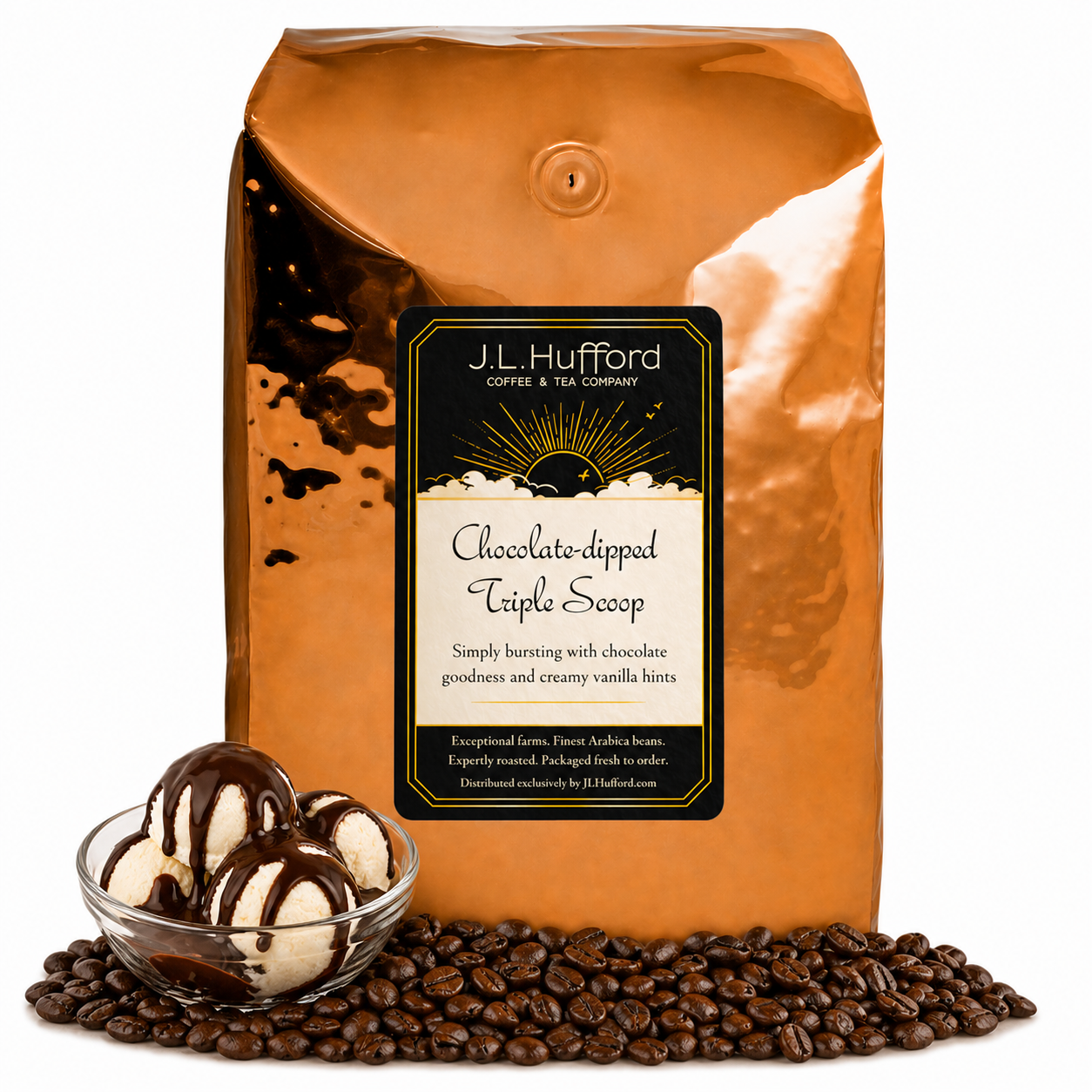 5 lb J.L. Hufford Chocolate-Dipped Triple Scoop Coffee bag with coffee beans and 4 vanilla scoops topped with chocolate syrup in front displayed on a white background