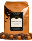 5 lb Chocolate Salted Caramel coffee beans bag with coffee beans, blocks of chocolate, and blocks of salted caramel in front displayed on a white background