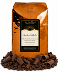 5 lb Chocolate Silk Pie coffee beans bag with coffee beans and chocolate shavings in front displayed on a white background