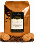 5 lb Cinnamon Butter Cookie coffee beans bag with coffee beans and cinnamon butter cookies in front displayed on a white background