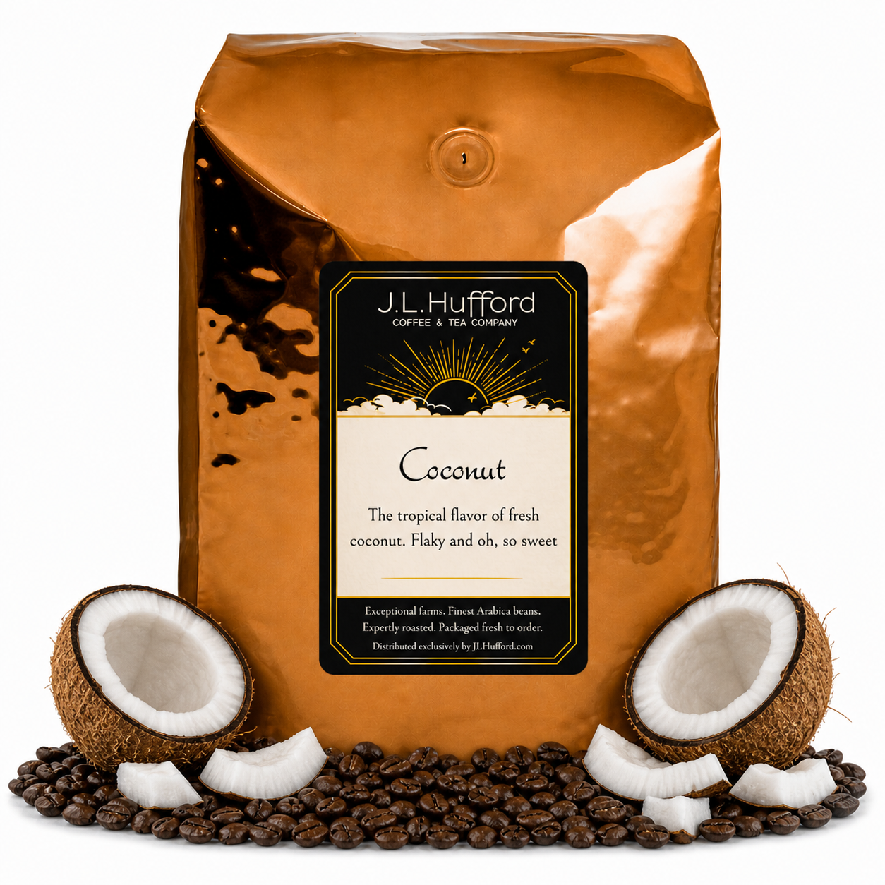 5 lb Coconut coffee beans bag with coffee beans and split coconut in front displayed on a white background