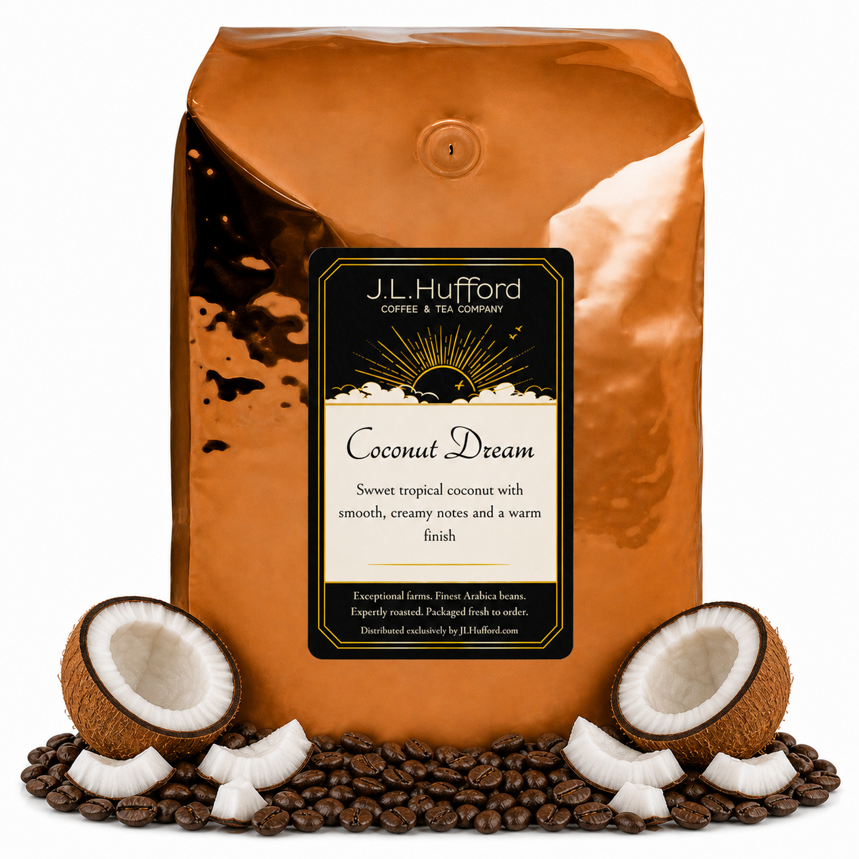 5 lb Coconut Dream coffee beans bag with coffee beans and split coconut in front displayed on a white background