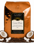 5 lb Coconut Dream coffee beans bag with coffee beans and split coconut in front displayed on a white background