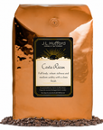 5 lb Costa Rican coffee beans bag with coffee beans in front displayed on a white background