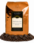 5 lb Dark Chocolate Chunk coffee beans bag with coffee beans and dark chocolate chunks in front displayed on a white background