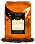 5 lb J.L. Hufford Dark Chocolate Ecstasy coffee bag with coffee beans and dark chocolate bars on a white background