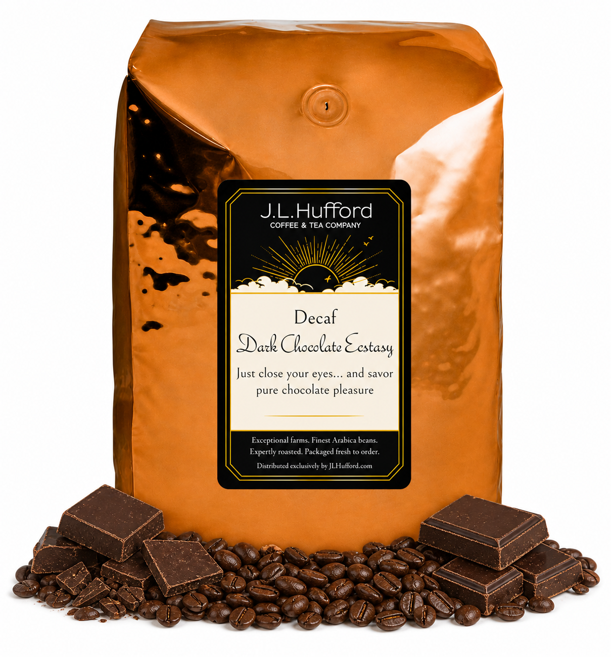 5 lb Decaf Dark Chocolate Ecstasy coffee beans bag with coffee beans and blocks of dark chocolate in front displayed on a white background