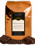 5 lb Double Dip Chocolate Sensation coffee beans bag with coffee beans melting chocolate bars in front displayed on a white background