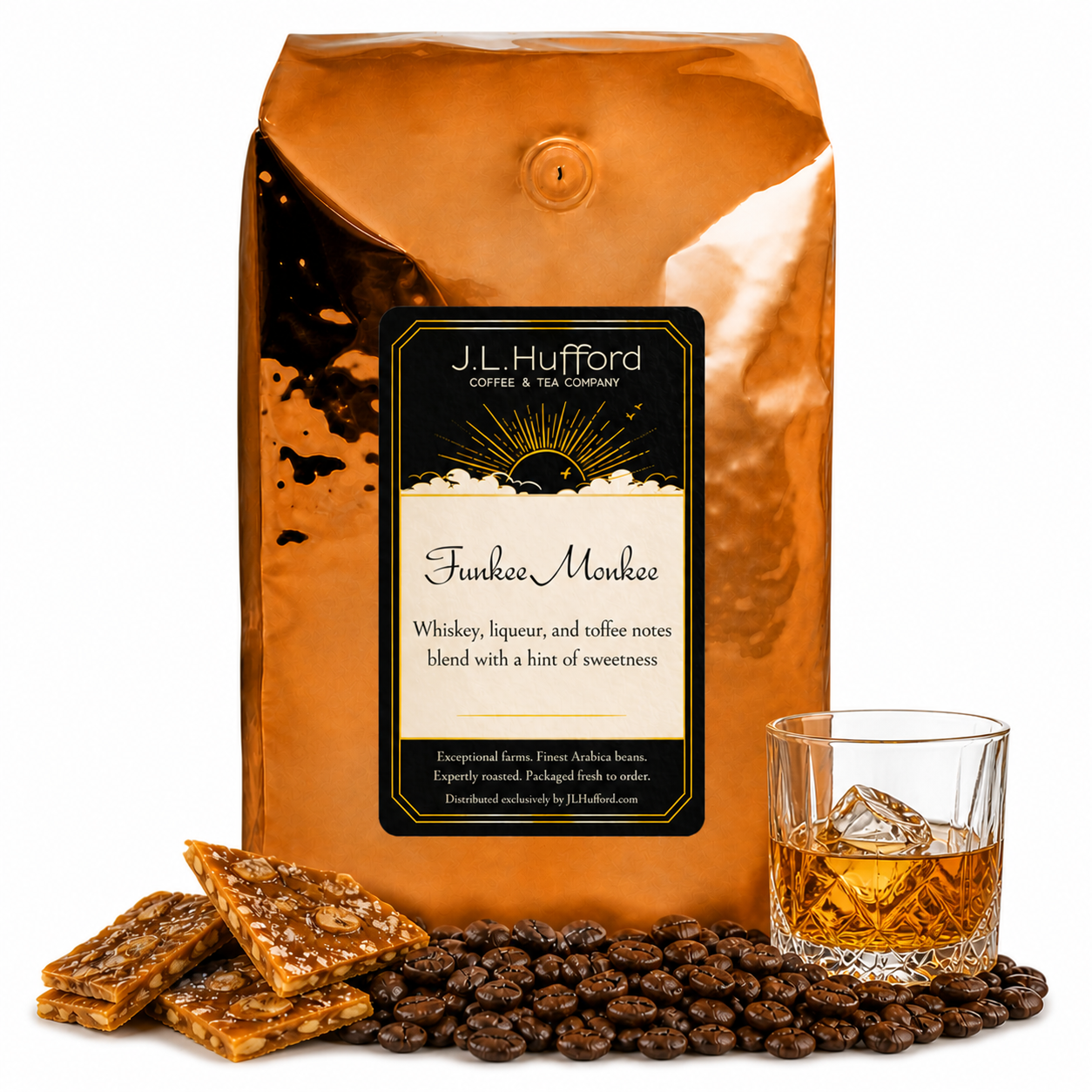 5 lb Funkee Monkee coffee beans bag with coffee beans, toffee bark, and a glass of whiskey in front displayed on a white background