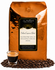 5 lb J.L. Hufford Italian Espresso Blend coffee bag with coffee beans and a shot of espresso on a white background