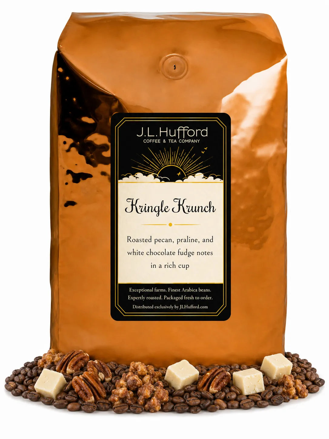 5 lb Kringle Krunch coffee beans bag with coffee beans, pecan, praline, and white chocolate fudge in front displayed on a white background