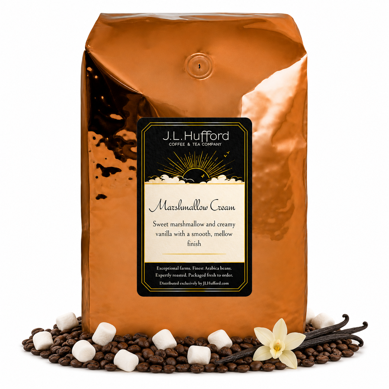 5 lb J.L. Hufford Marshmallow Cream coffee bag with coffee beans, marshmallows, and vanilla sticks on a white background