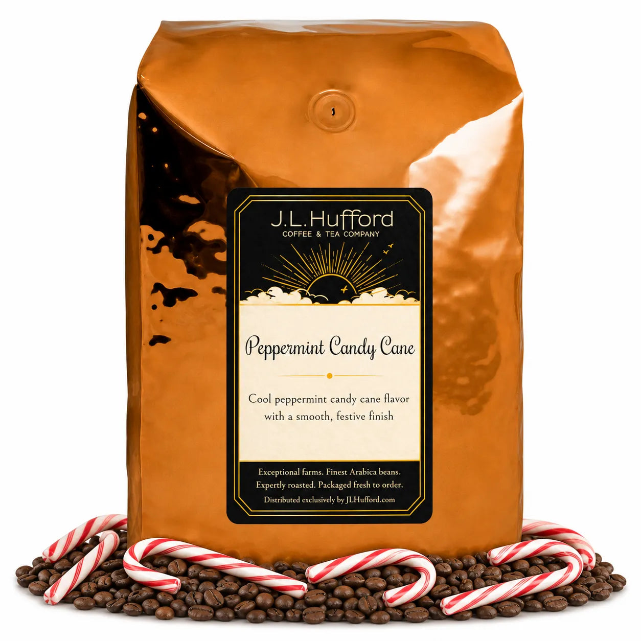 5 lb Peppermint Candy Cane coffee beans bag with coffee beans and peppermint candy canes in front displayed on a white background