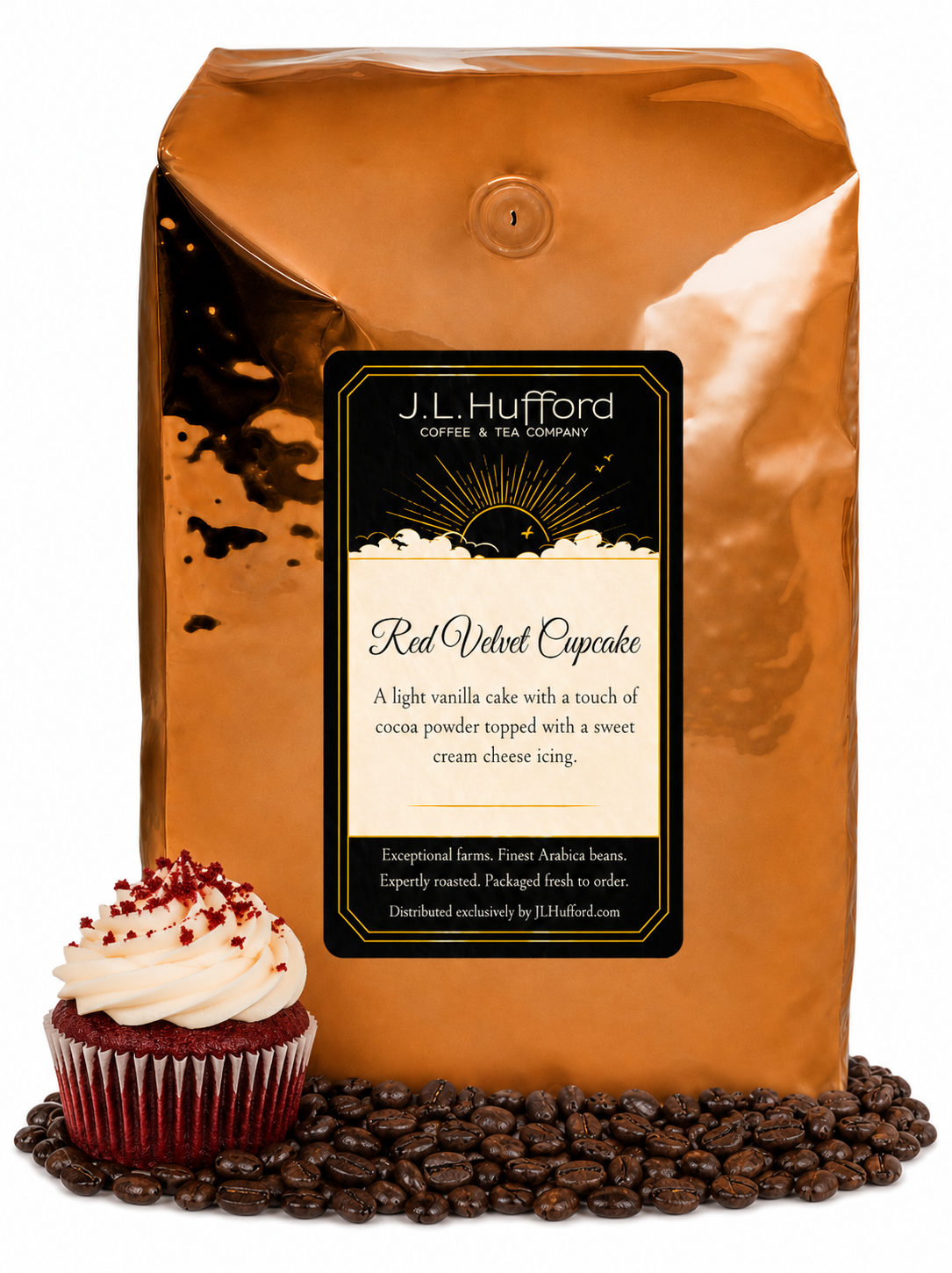 5 lb Red Velvet Cupcake coffee beans bag with coffee beans and red velvet cupcake in front displayed on a white background