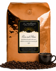 5 lb J.L. Hufford Rise and Shine coffee bag with coffee beans and mug of coffee on a white background