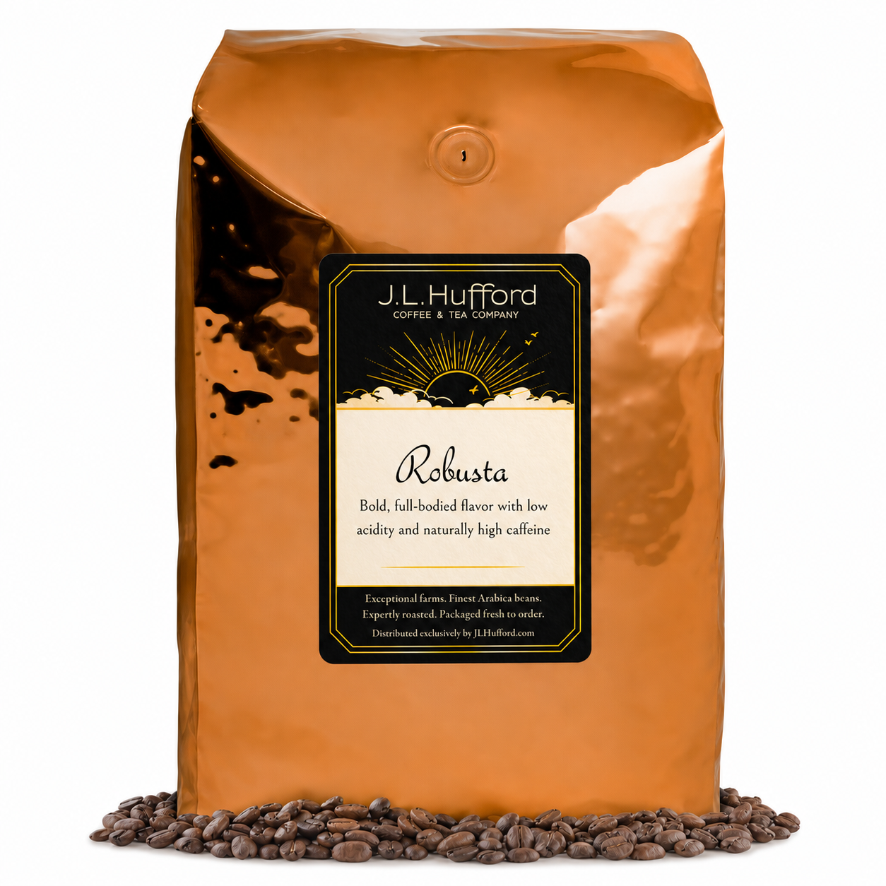 5 lb J.L. Hufford Robusta coffee bag with coffee beans on a white background