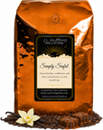 5 lb Simply Sinful coffee beans bag with coffee beans, vanilla, and bar of chocolate drizzled with caramel in front displayed on a white background