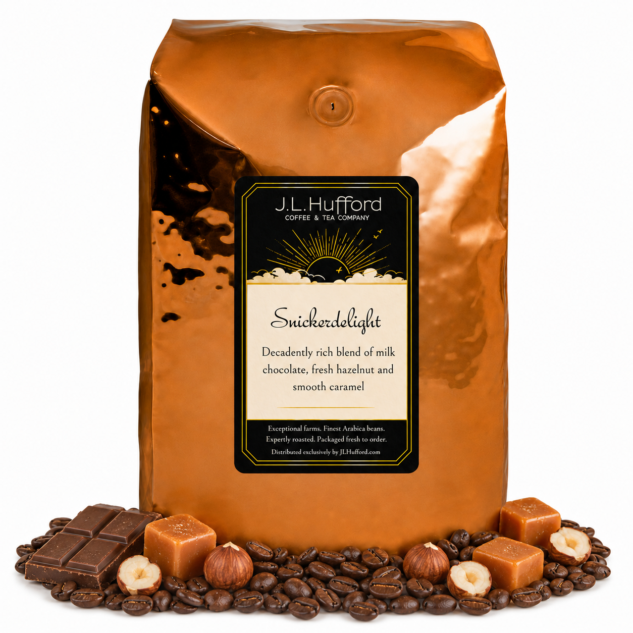 5 lb J.L. Hufford Snickerdelight coffee bag with coffee beans, milk chocolate bar, hazelnuts, and blocks of caramel on a white background