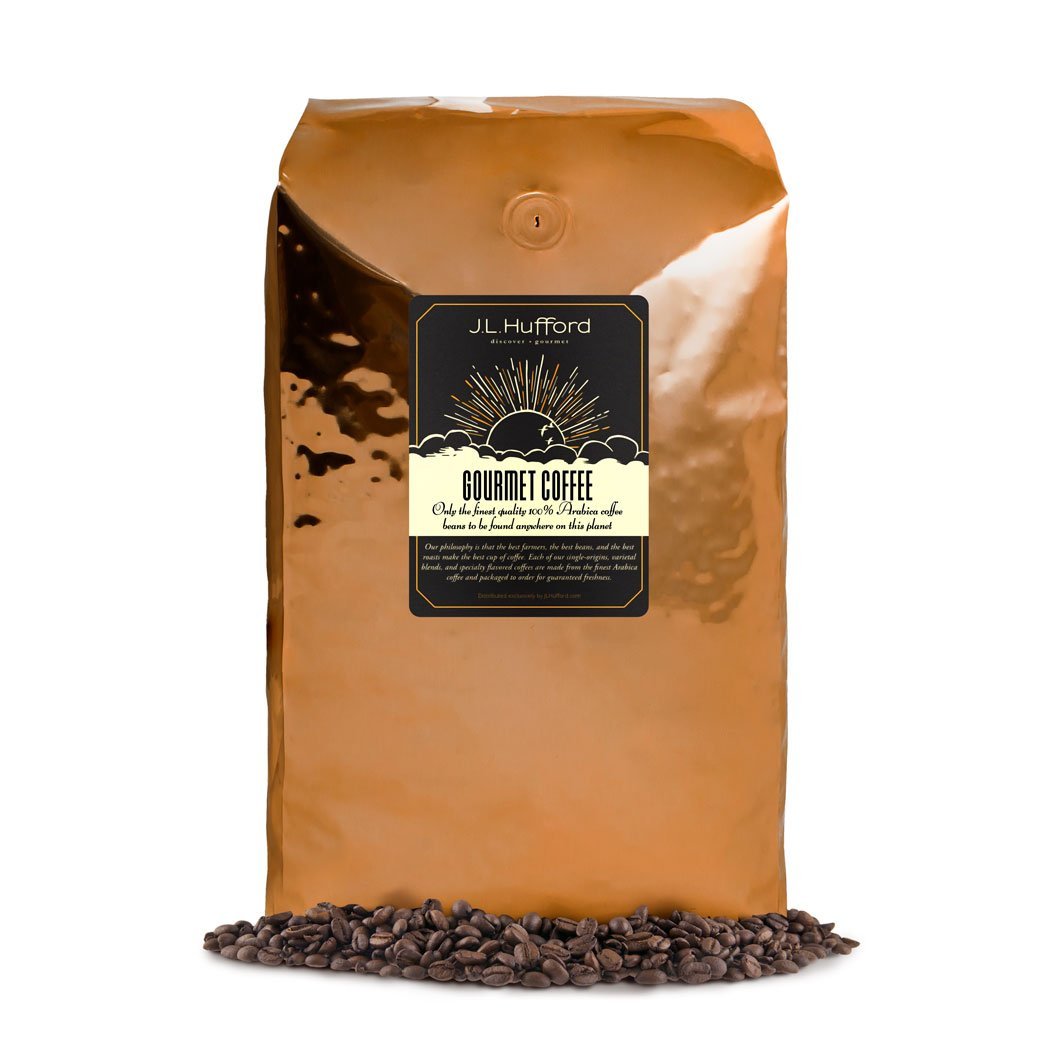 5 lb Coffee bag with a label with coffee beans in front of it on a white background 